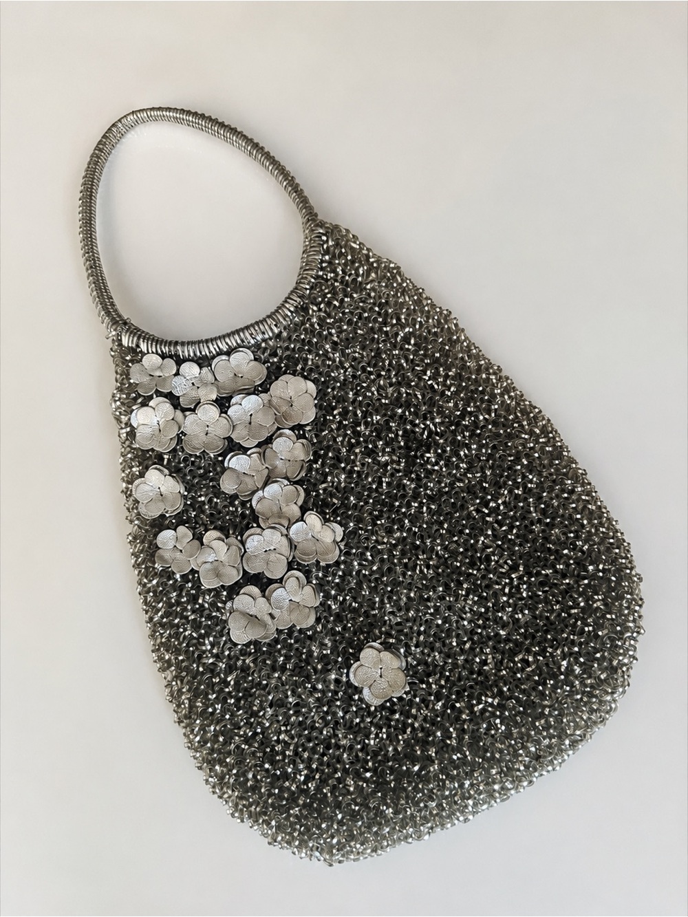 Vtg Anteprima Wire Bag Standard Teardrop Silver PVC Floral Corsage Metal Woven